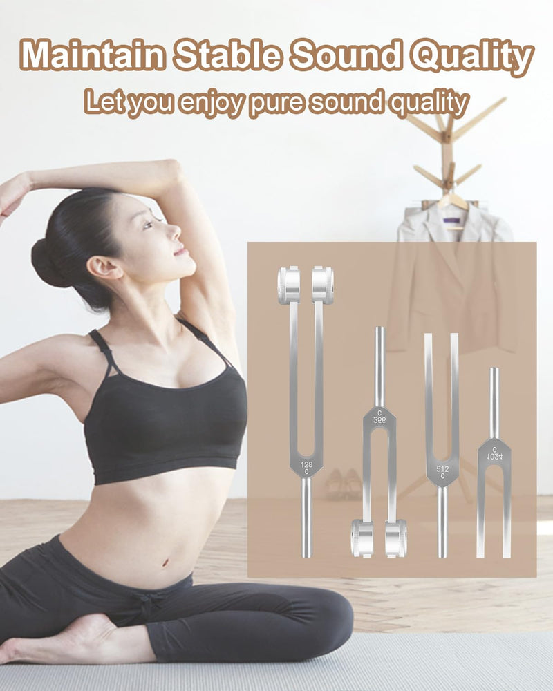 Aluminum Alloy Tuning Fork Set, 4 Tuning Forks & 2 Rubber Mallets & 4 Black Protective Bags, 128Hz 256Hz 512Hz 1024Hz Tuning Forks for Sound Yoga Meditation Relaxation