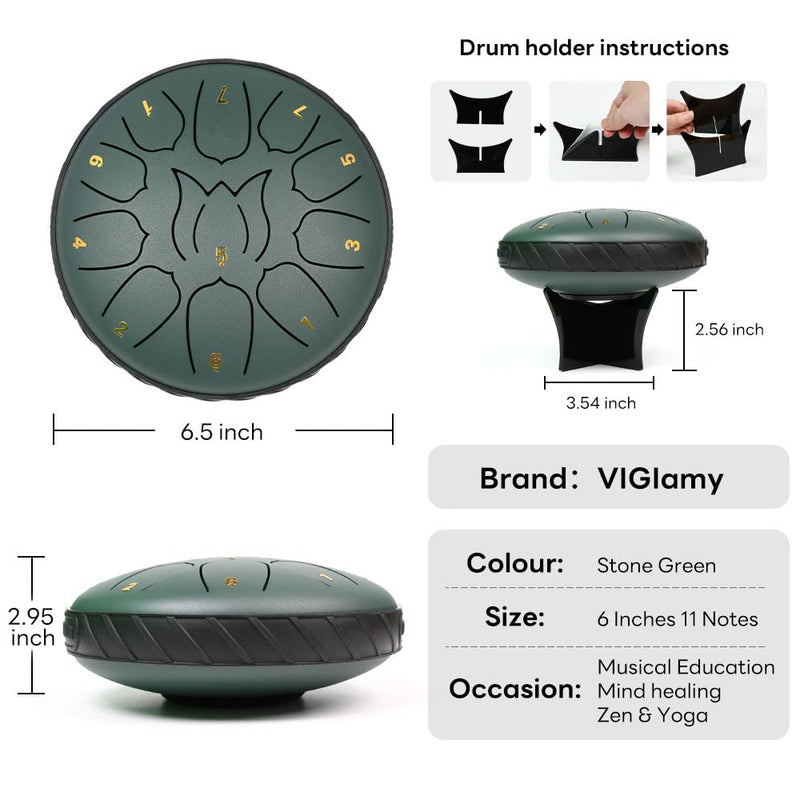 VIGIamy Rain Drum for Outside,Steel Tongue Drum 11 Notes 6 Inches,Chakra Chime Drum for Rain,Musical Percussion Instrument Tongue Drum,Meditation Yoga Zen Musical Education Stone Green