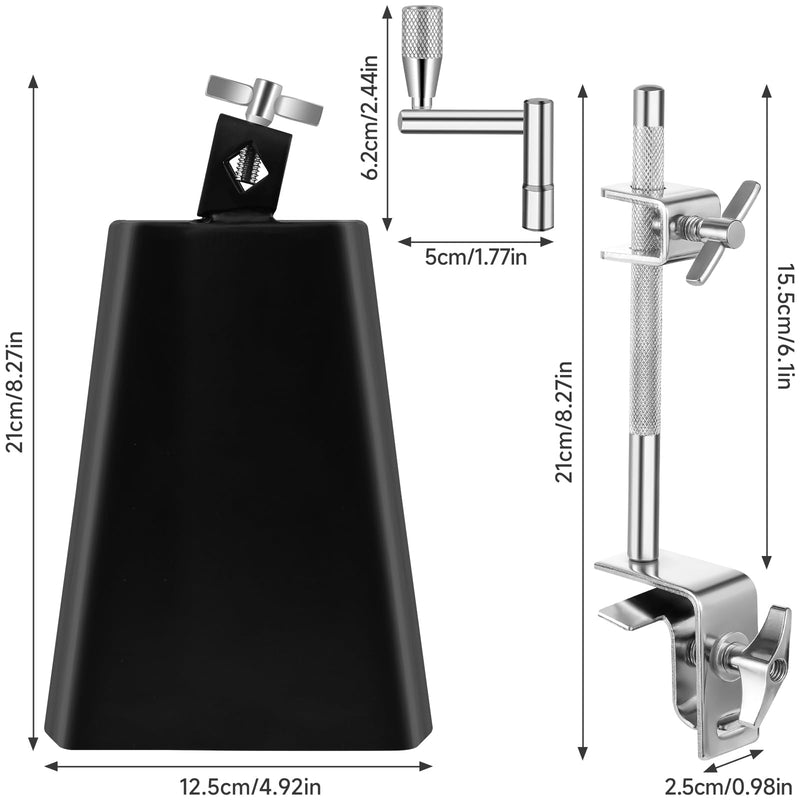 6 Inch Cowbell and Cowbell Clamp, Cowbell Holder Percussion Accessory for Drum Sets, Adjustable Standard Cowbell Mount Holder, Bass Drum Hoop Up or Down Drum Key