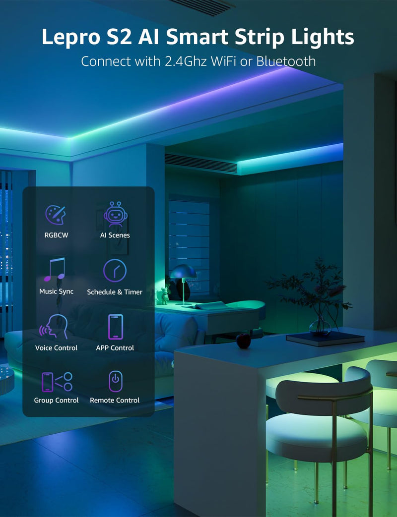 [AUSTRALIA] - Lepro S2 AI Smart LED Strip Lights - 16.4ft RGBCW Light Strips with 2700K-5700K Tunable Warm White, Color Segment DIY, Personalized Al Lighting Designer, APP Control(No Remote), 2.4G Wi-Fi & Bluetooth 