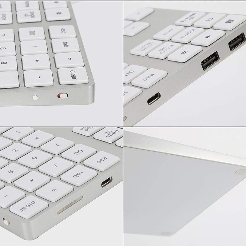 ASHATA Wireless Numeric Keypad,34 Keys Mini Portable Bluetooth Numpad,Ergonomic Bluetooth Numeric Keypad Aluminum Alloy HUB Type-C USB 3.0 Numeric Pad for Windows (Silver) Silver