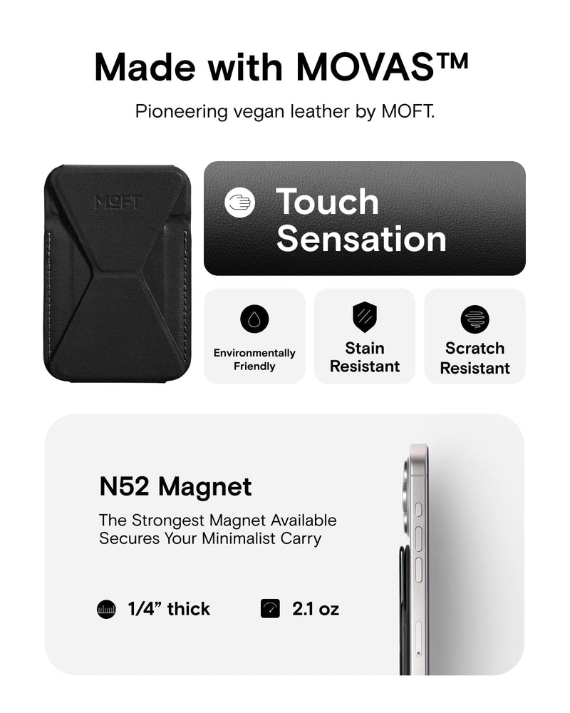 MOFT Magnetic Wallet Stand Compatible with iPhone 15/14/13/12 Series, Angle Adjustment & Magsafe Compatible MOVAS Phone Stand,Jet Black Jet Black