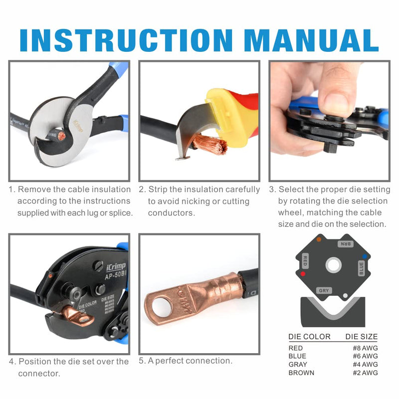 [AUSTRALIA] - iCrimp AP-50BI Battery Cable Ring Terminal Crimper for 8, 6, 4, 2AWG Copper Cable Lugs, Heavy Duty Wire Lugs and Battery Cable Ends 