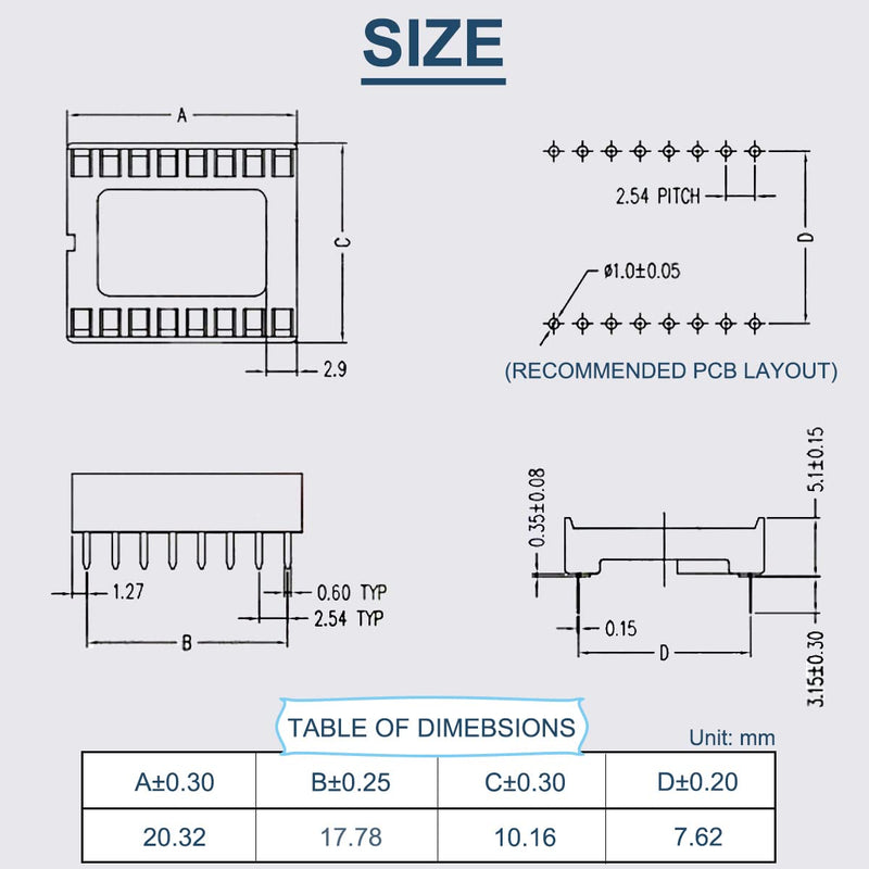 DAOKAI Dip IC Sockets, Pack of 50 16-Pin IC Socket Soldering Set, Dual Row Solder Adapter Set, 2.54 mm Pitch, Flat Pin Chip Connector Adapter 16 Pin IC Chip Socket Adapter