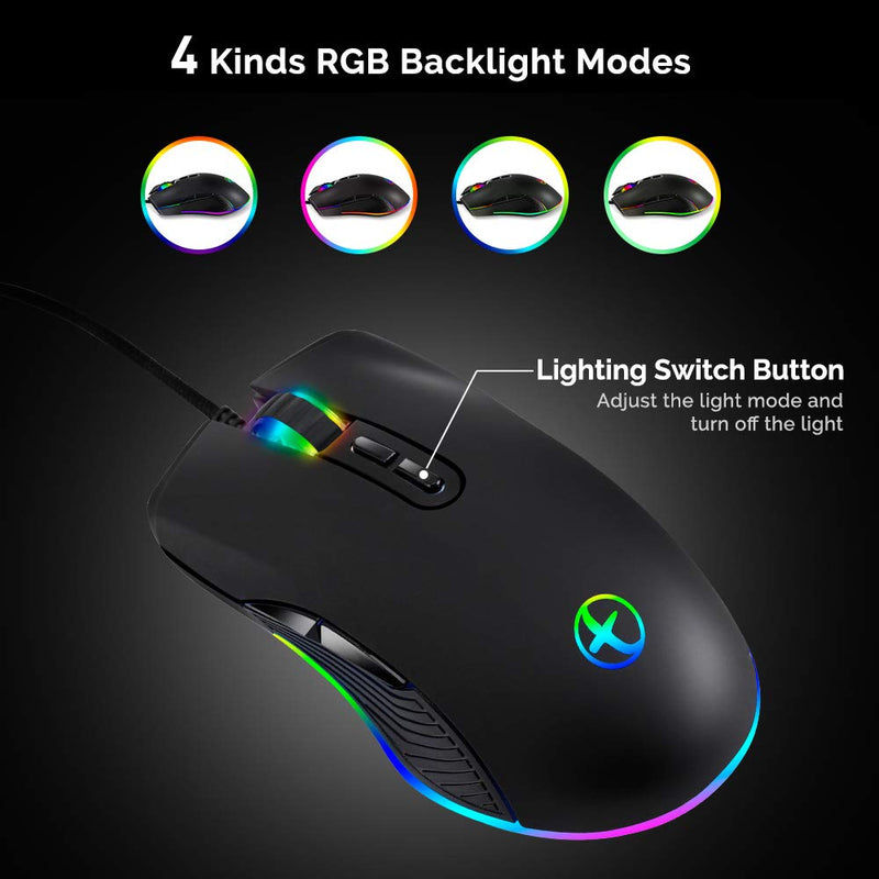 Ergonomic Gaming Mouse with 4 Backlight Modes up to 3200 DPI，RGB Wired USB Mouse with 7 Buttons for Laptop PC Computer Games & Work (USB Port) USB Port