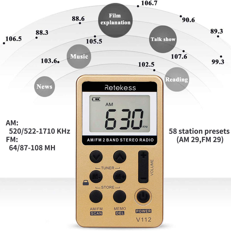 Retekess V112 AM FM Radio Portable, Mini Radio,Digital Tuning Rechargeable Battery LCD Display for Walking Jogging(Gold) Gold