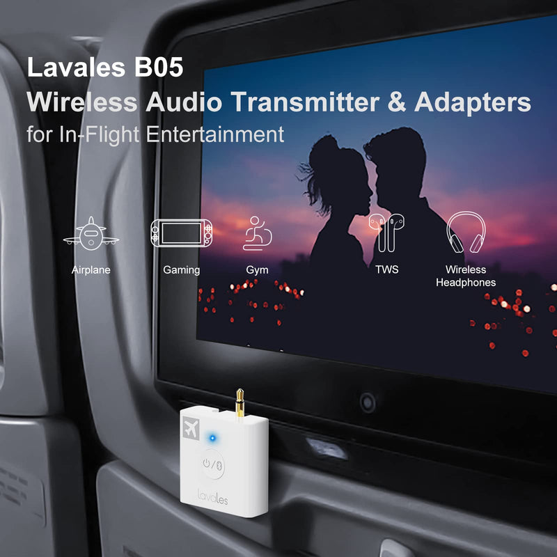 Airplane Bluetooth Adapter, 2 Headphones Support, 32Hrs Playtime, aptX Adaptive/Low Latency/HD Wireless Audio Transmitter for Airpods & Bluetooth Headphones, Use for Travel Flight