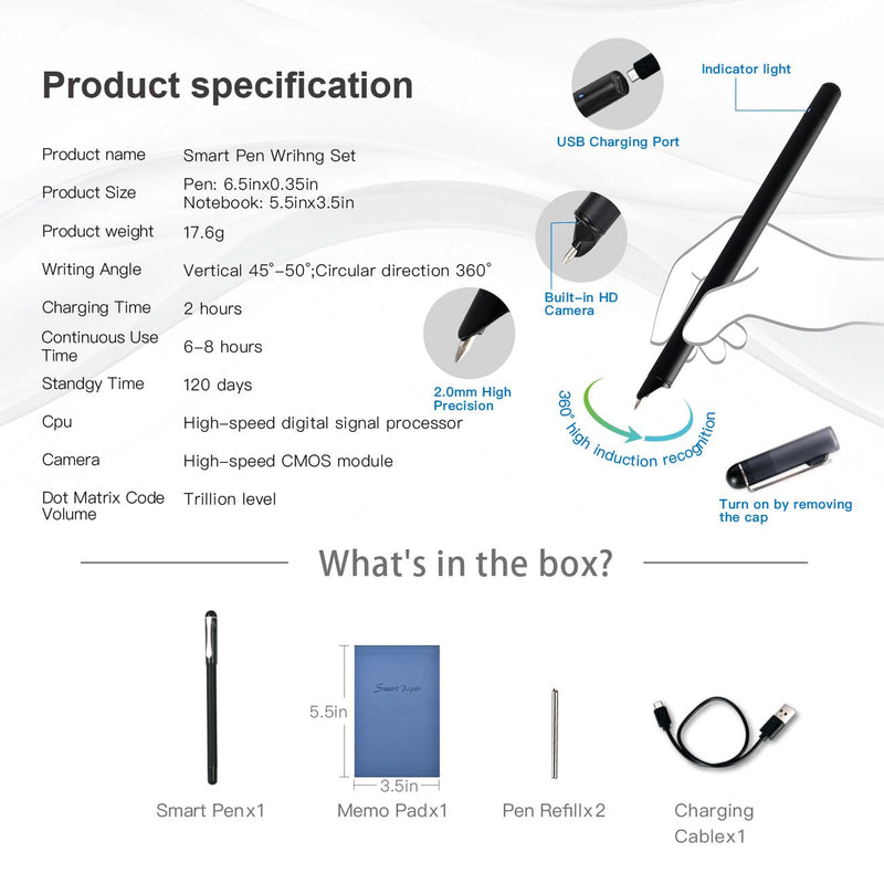 Ophayapen Smart Pen+Mini notebok, Digital Pen Real-time Sync for Digitizing, Storing, and Sharing Notes, Ideal Smart Pen for Note Taking, Drawing, Classroom, Offices, Compatible with Android and iOS