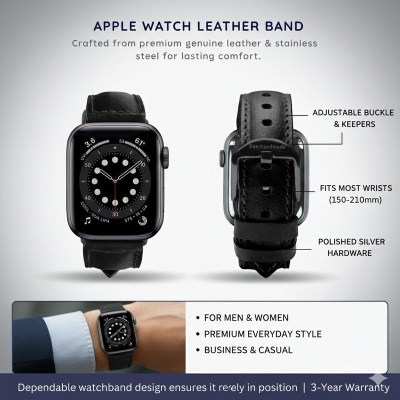 Top Grain Genuine Leather Bands Compatible with Apple Watch Band 42 mm (Series 32 1) 44mm 45mm 46mm 49mm for Men & Women, Replacement Strap for iWatch Ultra, Ultra 2, SE2, SE, Series 11 10 9 8 7 6 5 4 3 Classic Dark Brown (Black Edition, Silver)