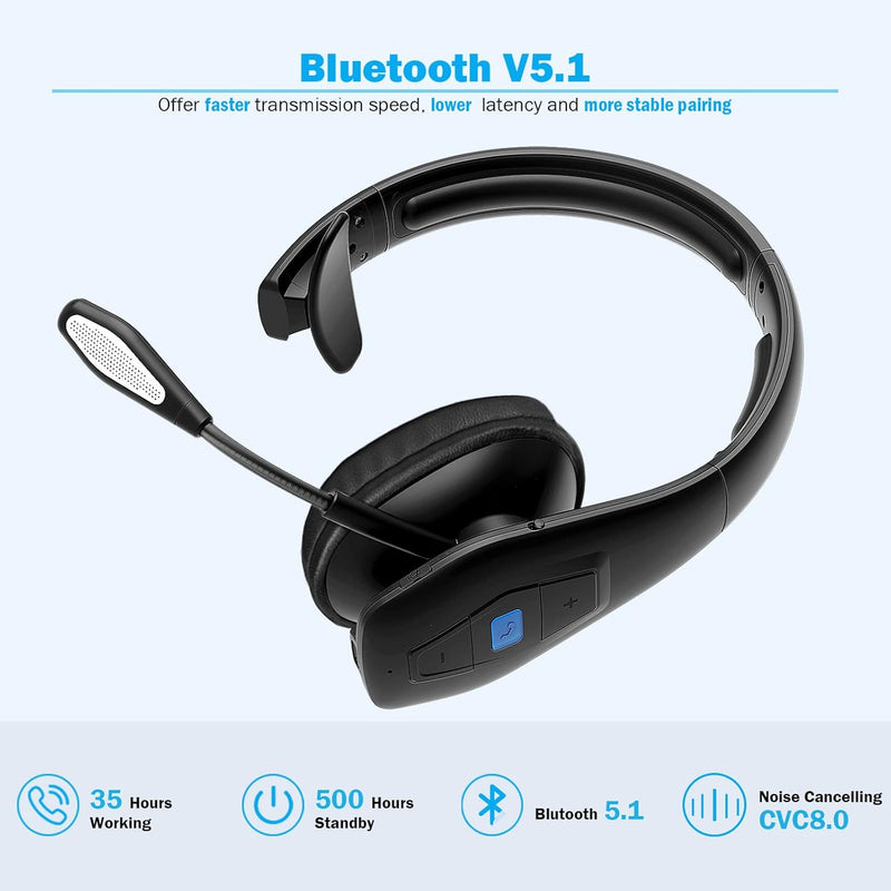 [AUSTRALIA] - Trucker Bluetooth Headset, Wireless Headset with Mic, Bluetooth Headset with Dual Noise Cancelling Microphone & Mute Button, 55Hrs Working Time PC Headset for Cell Phones, Computer, Truck Driver Black 