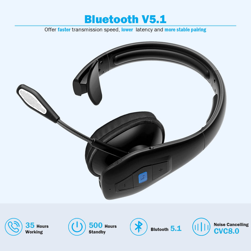[AUSTRALIA] - Conambo Bluetooth Headset V5.1, Trucker Bluetooth Headset with CVC8.0 Dual Mic Noise Canceling & Mute Button & 60 Hrs Workingtime Wireless On-Ear Headphones for Trucker Home Office Work Cell Phones 