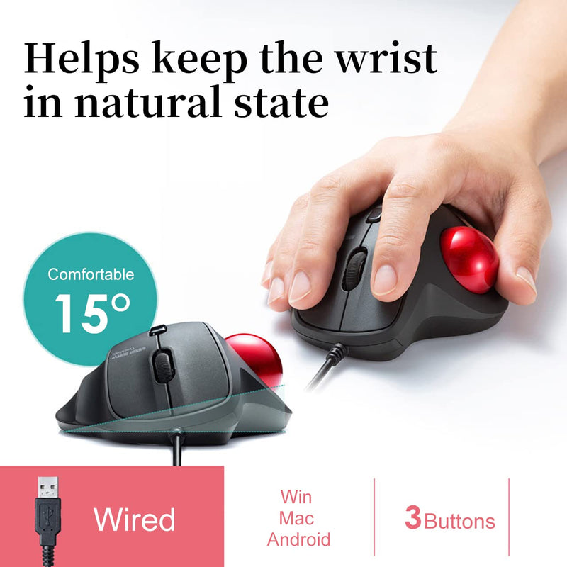 SANWA Wired Ergonomic Trackball Mouse, Optical Vertical Rollerball Mice, Silent Buttons, 34mm Trackball, 600/800/1200/1600 Adjustable DPI, Compatible with MacBook, Laptop, Computer, Windows, macOS