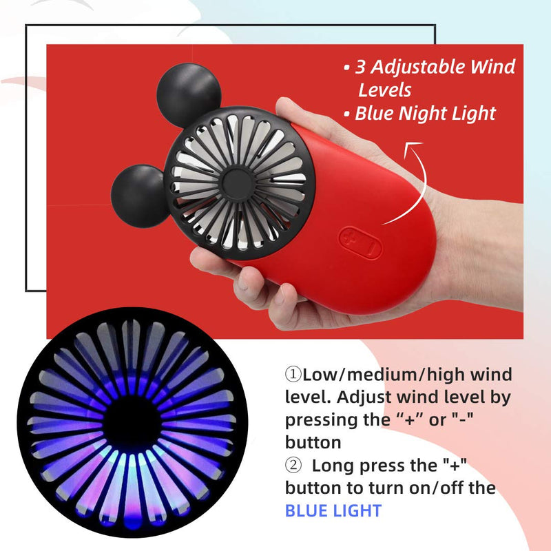 DecoLife Cute Personal Mini Fan, Handheld & Portable USB Rechargeable Fan with Beautiful LED Light, 3 Adjustable Speeds, Portable Holder, Perfect for Indoor Or Outdoor Activities, Cute Mouse Red
