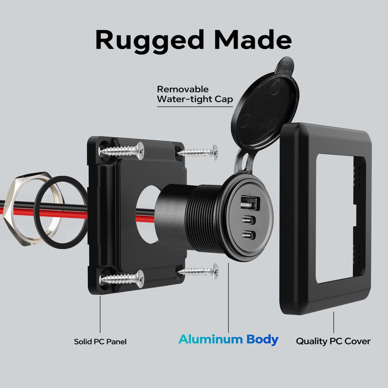 RV USB Wall Outlet, 3 Port Dual USB-C & USB-A 12V Fast Charging | Aluminum Waterproof 12 Volt Quick Charging Port,12V USBC Charger with Black Faceplate, for RV, Boat, Caravan(2 PACK) 2 PACK