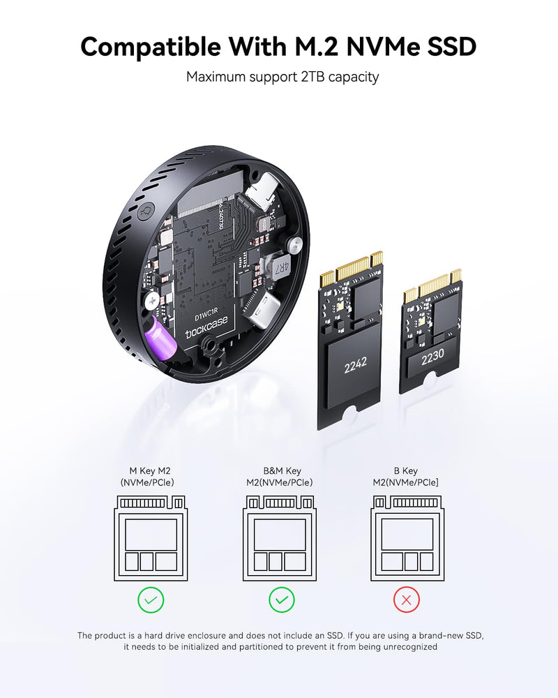 DOCKCASE Magnetic Visual M.2 2242 NVMe SSD Enclosure, 10Gbps USB 3.2 Type-C, 100W PD, 3s PLP Data Protection, Fits 2242/2230 NVMe PCIe, Compatible with MagSafe for iPhone 17/16/15 Pro Max ProRes Black-100W PD
