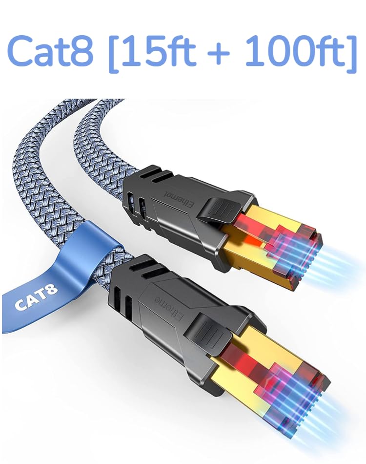 Snowkids Cat 8 Ethernet Cable 15 FT and 100 FT, Flat High Speed Ethernet Cable, 40Gbps, 2000Mhz Braided High Duty Long Ethernet Cable, Gold Plated RJ45 Connector for Modem/Router/ps-3/4/5/Gaming/PC