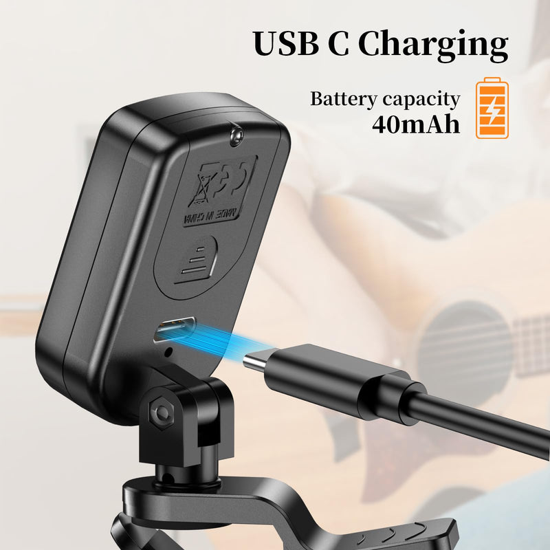 New Bee Clip-On Guitar Tuner Rechargeable with Color Screen 360° Rotatable Chromatic Tuner for Guitar, Bass, Ukulele, Violin (Black, 2 Pack) Black