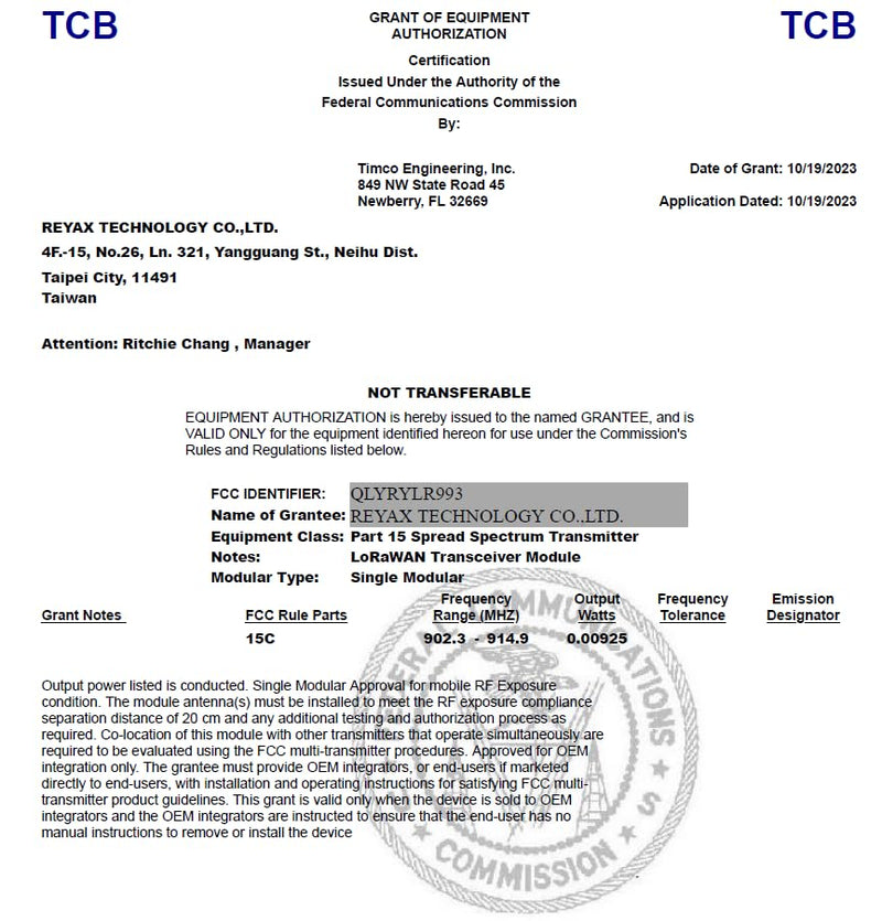 RYLR993_lite RYLR993 868/915MHz LoRaWAN® & Proprietary Dual mode Transceiver antenna module long distance! FCC CE MIC NCC Certification