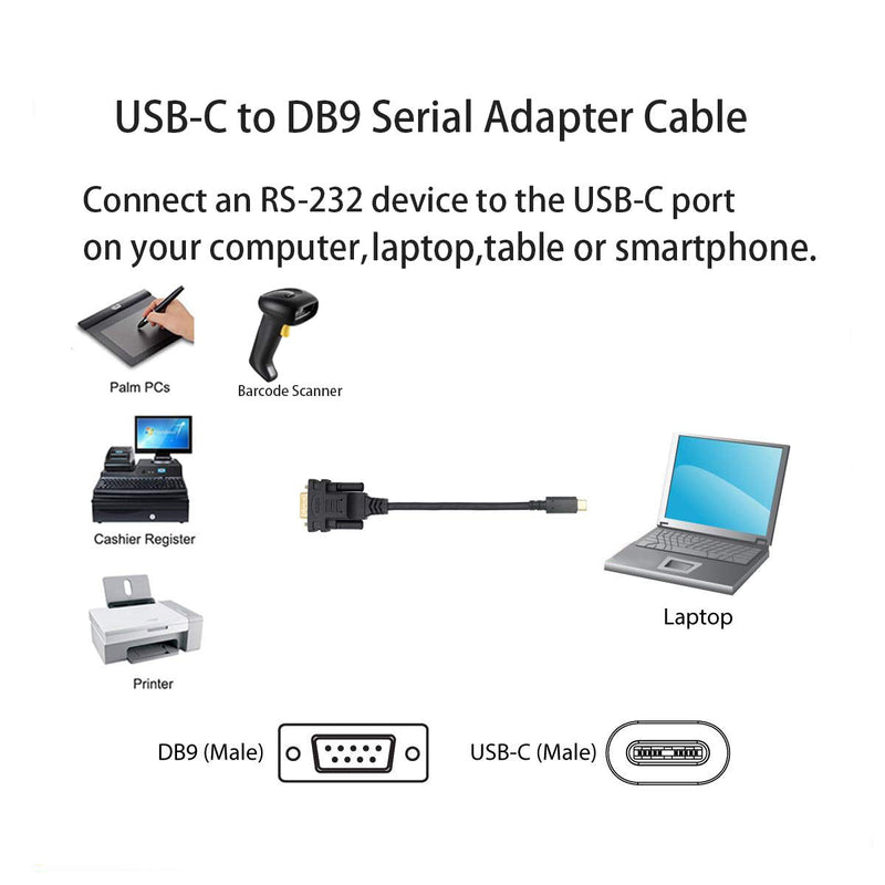 USB to DB9 RS232 Serial Adapter Converter Cable with FTDI Chip 6ft Support Win10/8/7/XP/Android/Mac/Linux/Vista (Type C to DB9) Type C to DB9