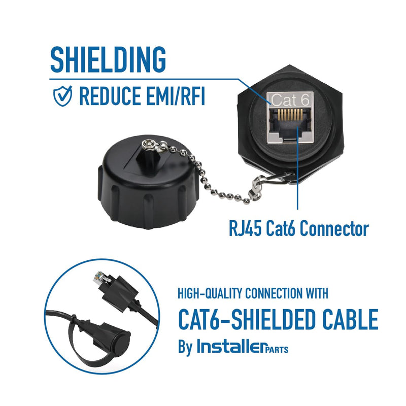 InstallerParts Cat6 RJ45 Shielded Industrial Panel Mount Bulkhead Female/Female Feed Thru Coupler - Network Connectors - IP67 Waterproof/Dust Cap, 5 Pack, Black