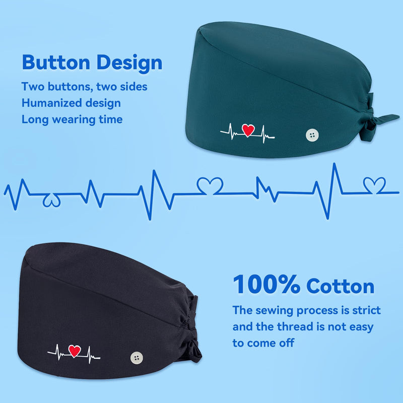 yolzhxe Pack of 2 Surgical Cap, Fabric, Adjustable Unisex Nurse Cap, Reusable Surgical Caps, Fabric with Button and Sweatband, Full Hair Cover Cap, for Doctors, Nurses