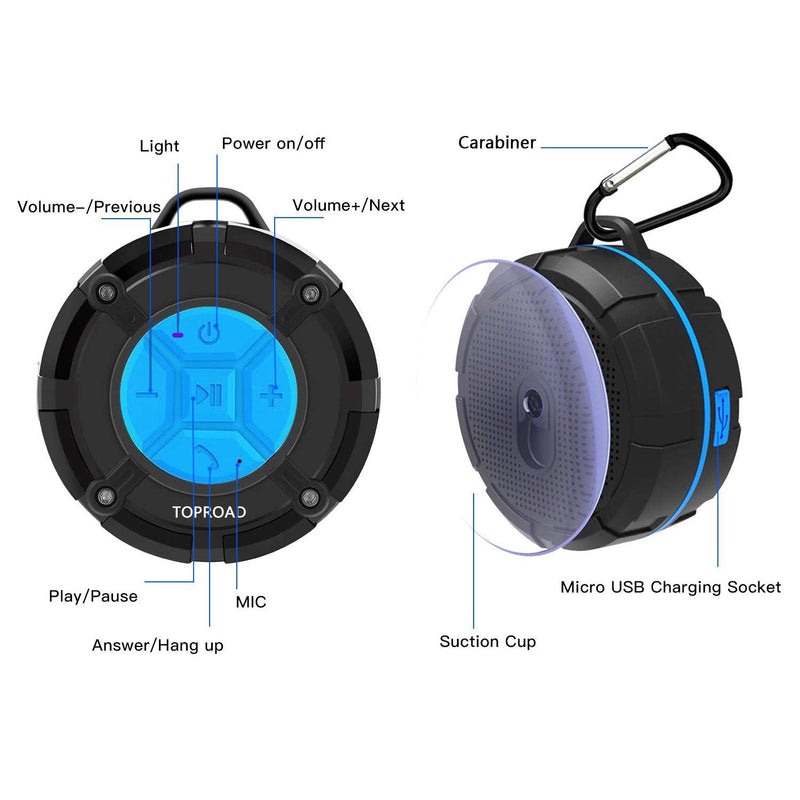 Portable Shower Speaker, IPX7 Waterproof Wireless Outdoor Speaker with HD Sound, 2 Suction Cups, Built-in Mic, Hands-Free Speakerphone for Bathroom, Pool, Beach, Hiking, Bicycle Blue