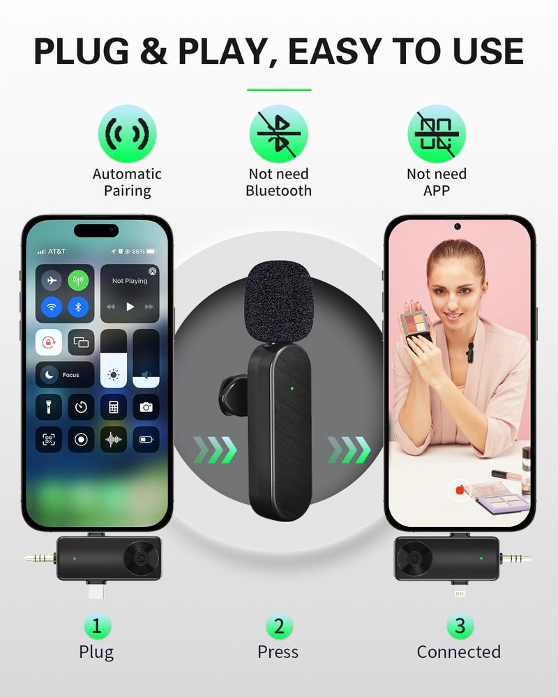 [AUSTRALIA] - Mini Microphone for iPhone Android Camera iPad USB-C, 4 in 1 Professional Wireless Lavalier Lapel Microphone for Recording, Live Stream, YouTube, Facebook, TikTok, Vlog (2 Pcs) 