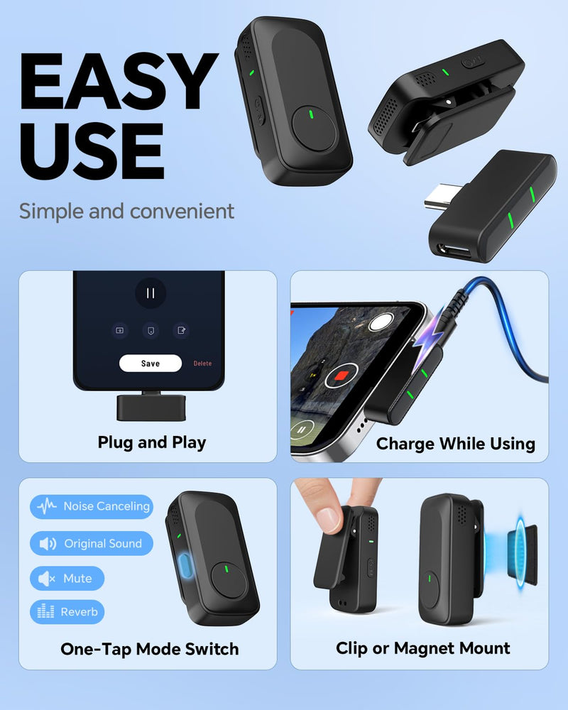 [AUSTRALIA] - Wireless Lavalier Microphone for iPhone/Android Phone/Laptop/PC, Mini Lapel Mic with 50H Battery Life Charging Case, 100FT Range and Noise Reduction, for Video Recording, Streaming, TikTok 