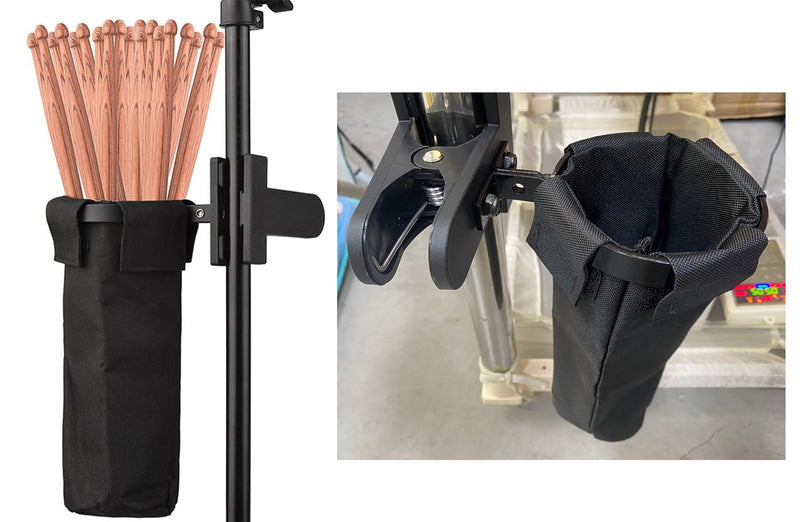 Clamp on Drum Stick Holder Drum Stick Nylon Container Bag Black for Drum Kit & Music Stand, Holds up to 8-12 Pairs of Sticks