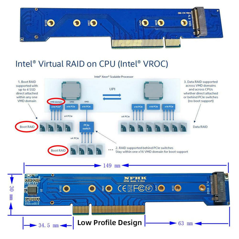 Low Profile Dual 2X NVME M.2 SSD to PCIE Express Gen4 X8 X16 Raid Card VROC Raid0 Hyper Adapter Black 2 NVME to PCI-E Low Profile