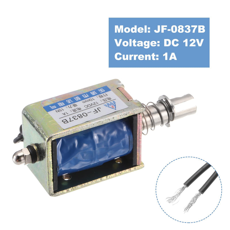 QUARKZMAN DC 12V 1A Solenoid Electromagnet Push Type 15N 10 mm Hub Electromagnetic Actuator Open Frame Linear Motion JF-0837B Magnet Electromagnet, Black Cable