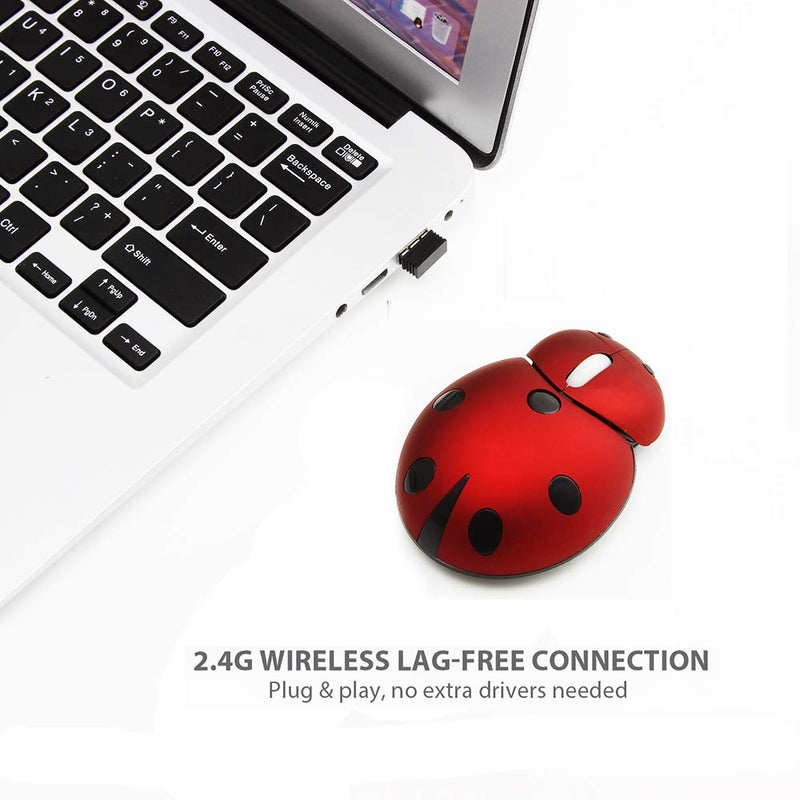 Mini Cute Wireless Mouse, Portable Mobile Optical Mouse for Kids,2.4G 3000DPI Animal Ladybug Shape Cordless Computer Mouse Small Tiny Travel Mouse with USB Receiver for Laptop Desktop PC (Red) Red