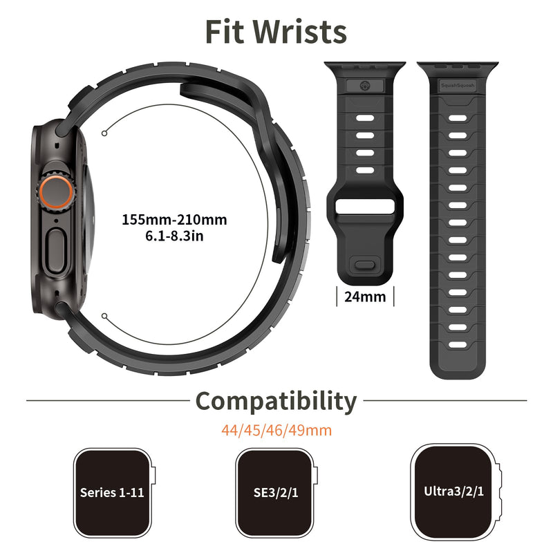 SquishSquash Ganoid FKM Rubber Sport Band Compatible with Apple Watch Ultra 3/2/1 SE Series 11/10/9/8/7/6/5/4, Fluoroelastomer Waterproof Strap for iWatch 44/45/46/49MM (Midnight Whale Black) Midnight Whale Black