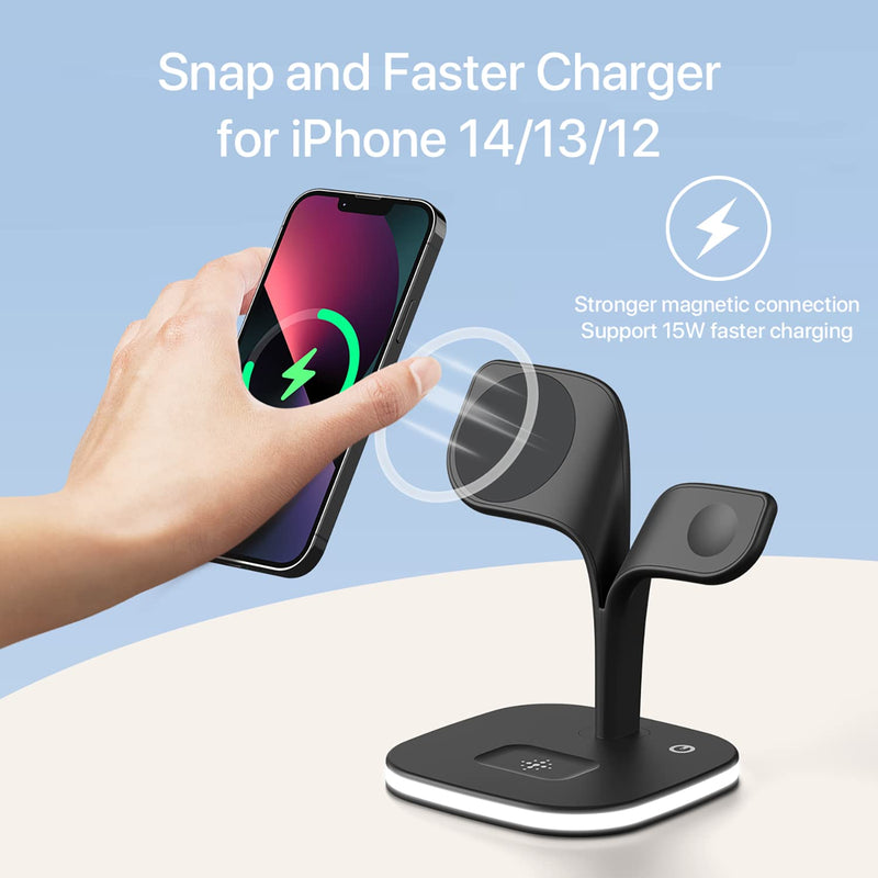 Magnetic Charging Station, EXW 5 in 1 Faster Mag-Safe Wireless Charger Stand for iPhone 14,13,12 Pro/Max/Mini/Plus, Apple Watch 8/7/6/SE/5/4/3/2 and Airpods 3/2/Pro/Pro 2 with LED and Adapter (Black) Black