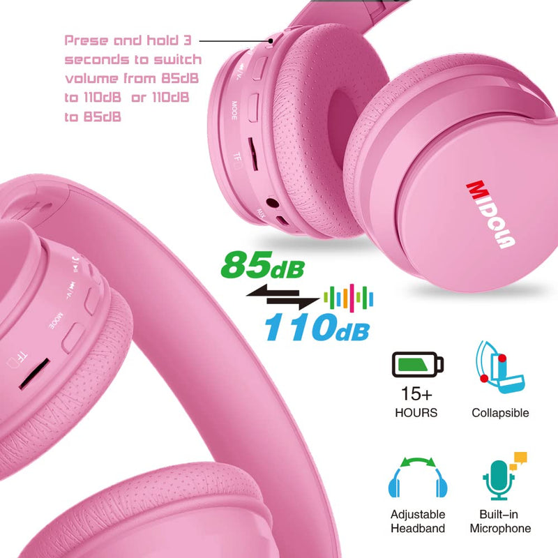 Headphones Bluetooth Wireless Kids Volume Limit 85dB /110dB Over Ear Foldable Noise Protection Headset/Wired inline AUX Cord Mic for Children Boy Girl Travel School Phone Pad Tablet PC Pink