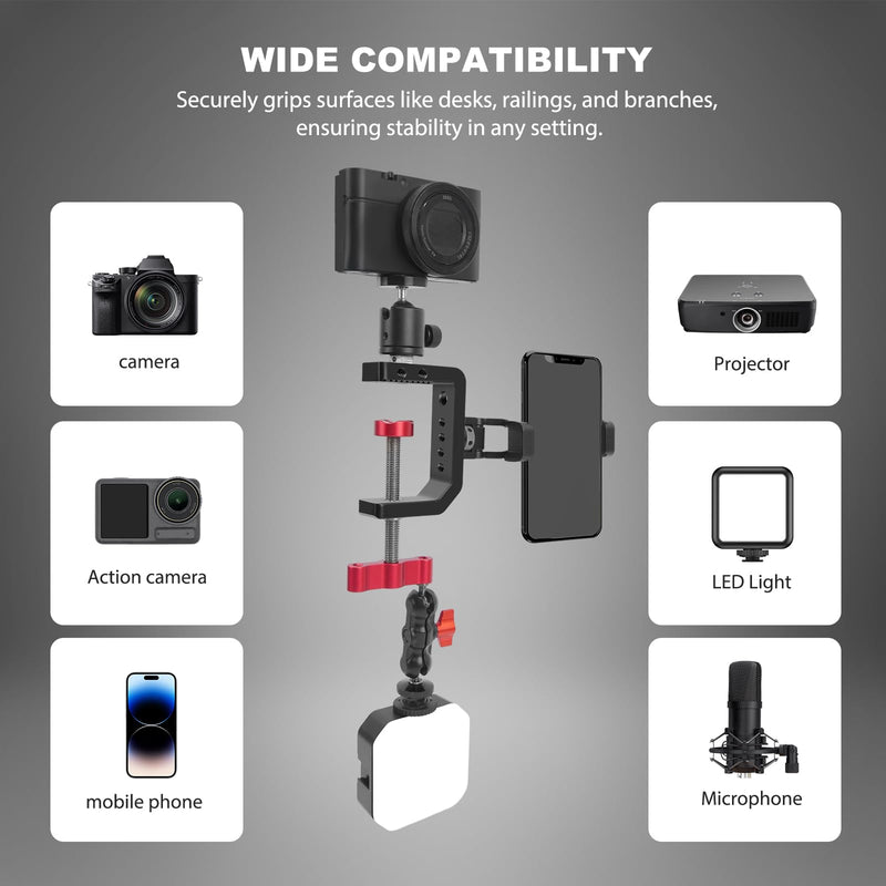 [AUSTRALIA] - C Clamp Desk Camera Mount, Aluminum Table C-clamp with 1/4" 3/8" Thread, Desktop DSLR Mount for Photo Studio Video Camera, Light Stand, Desk, Rods, Shelves, Bike, Max Clamp 2.36" (62021) 