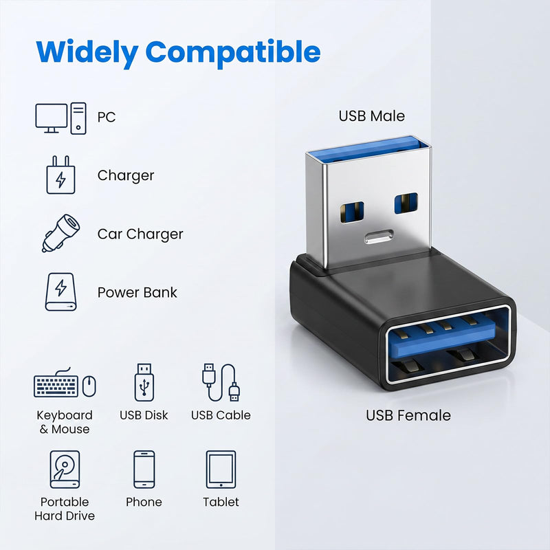 2pcs 90 Degree USB 3.0 Adapter, USB A Male to Female Converter Extender | 90 Degree Up and Down L Shape, Support Charge Data Sync PC Laptop Charger Power Bank Mouse Keyboard