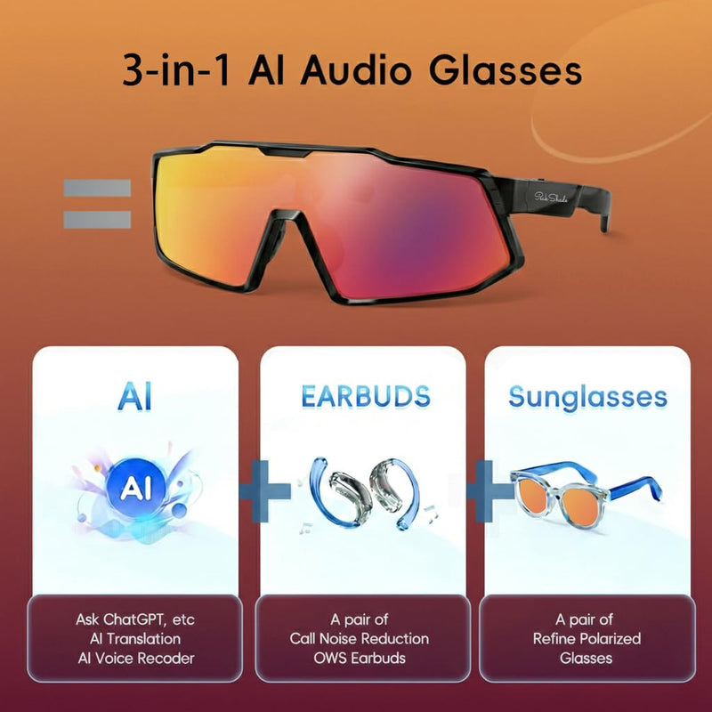 AI Smart Glasses with Open-Ear Audio, Orange Red | Bluetooth Sunglasses, Polarized UV400, Hands-Free Calls, Real-Time Translation, 133-Language, IP65 Waterproof,Cycling Running Matte Black Frame/ Orange Red Lens