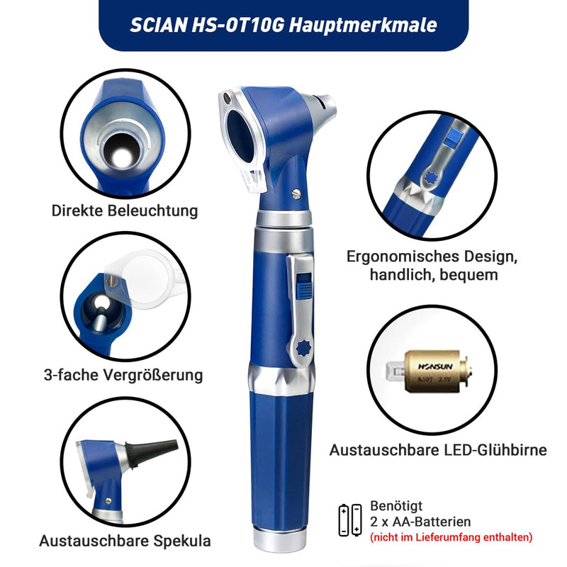 SCIAN Otoscope with Light, Ear Infection Detector and Pocket Ear Scope, Includes Hard Plastic Case, Suitable for Children, Adults, Doctors, Pets, Available in Several Colours (Blue2) Blue 2