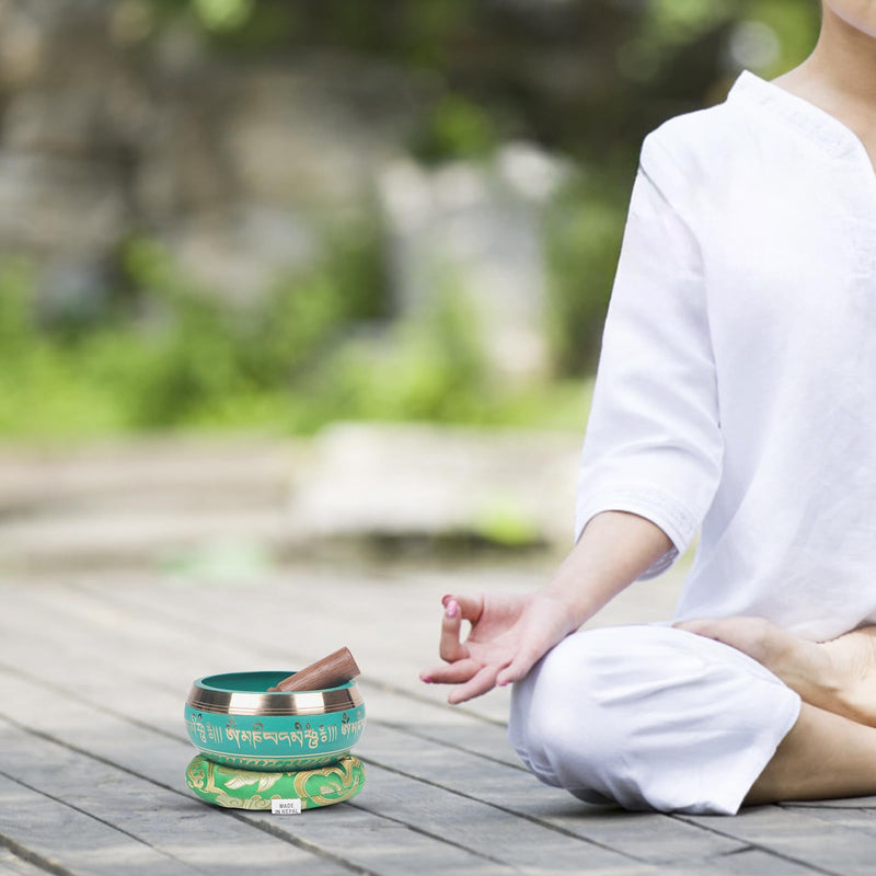 [AUSTRALIA] - Kmise Tibetan Singing Bowls Set- Handmade in Nepal Meditation Sound Bowls for Yoga, Meditation, Mindfulness, Healing and Chakra Balancing, Stress Relief (5', Green) 5inch Green Golden Flower 