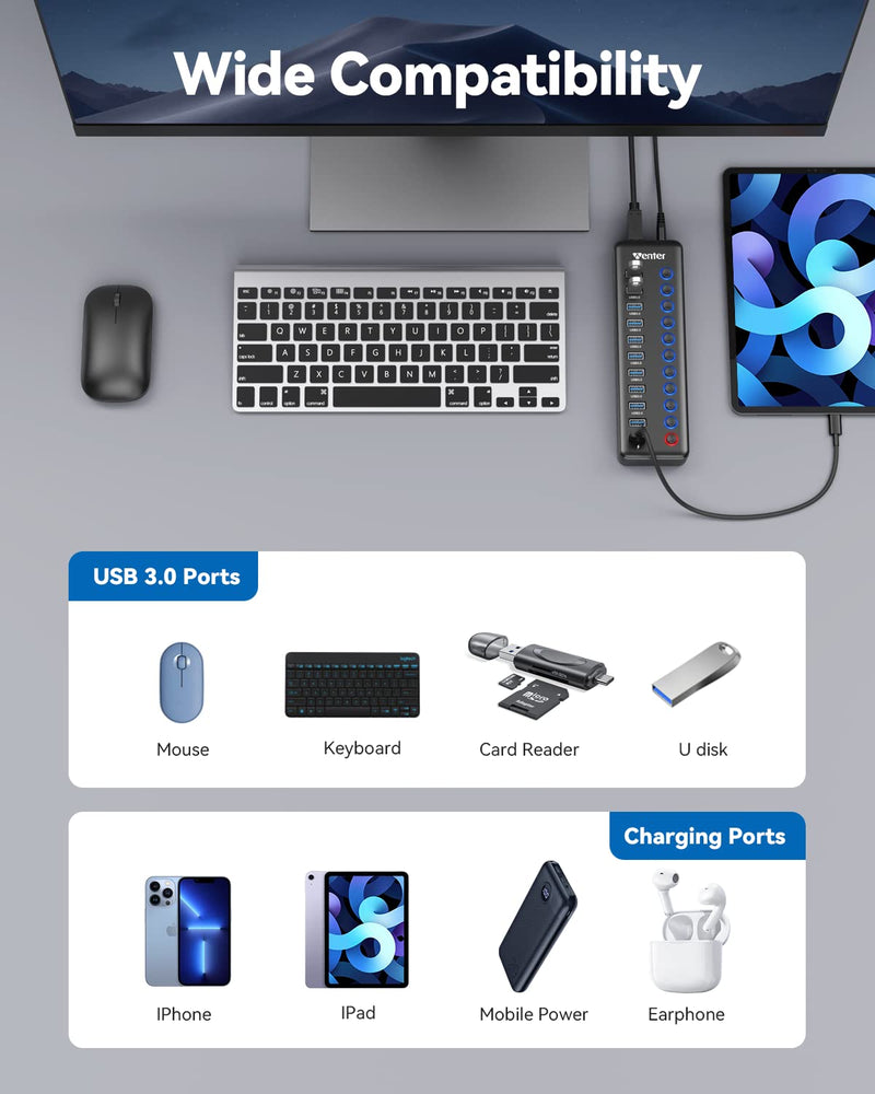 Powered USB Hub, Wenter 11-Port USB Splitter Hub (10 Faster Data Transfer Ports+ 1 Smart Charging Port) with Individual LED On/Off Switches, USB Hub 3.0 Powered with Power Adapter for Mac, PC 10 USB 3.0 ports + 1 Charging port