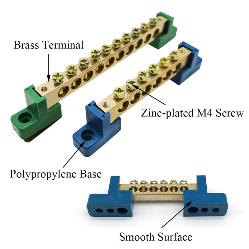 10 Positions Green, Clamp Ground Rail Screw Block: Barrier Brass, Electrical Distribution Bus Bar Block for Car, Boat, Marine, RV, Yacht, Ship Power Distribution 10 Positionen