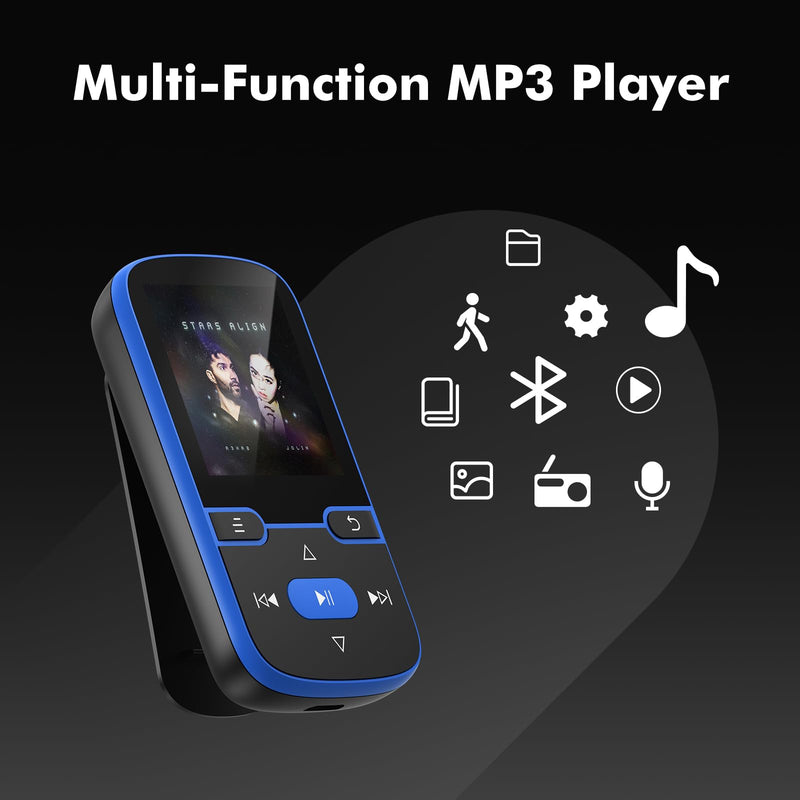 [AUSTRALIA] - 64GB MP3 Player with Clip Bluetooth 5.3 Portable Music Player for Kids with FM Radio, Pedometer, Voice Recorder, Shuffle and Repeat, Weighs Only 28g for Sport and Running, TF Card Up to 128G(Blue) Blue 64GB 
