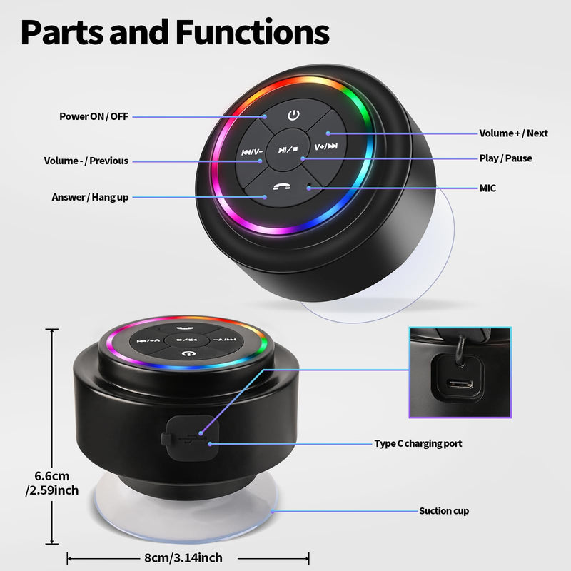 [AUSTRALIA] - Bluetooth Shower Speaker, Portable Bluetooth Speakers with Suction Cup, IP67 Waterproof Speaker with LED Light, Wireless, Floating, for Camping Beach Travel, Gift for Men, Women Multicolor 