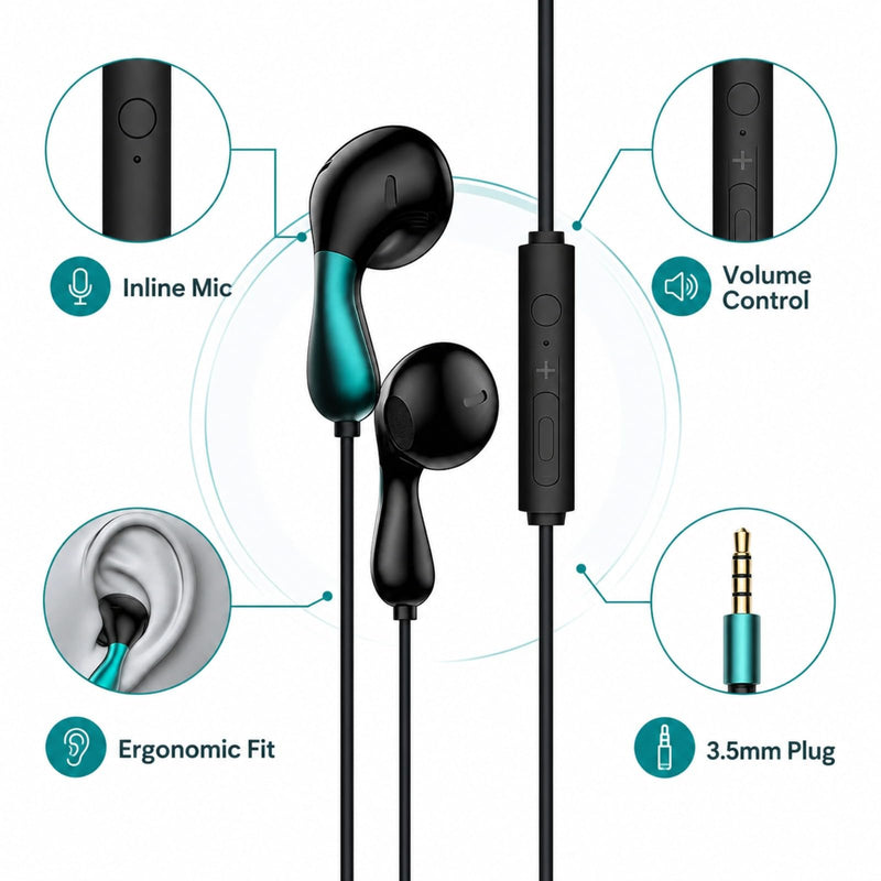Wired Earbuds with Microphone, in-Ear Headphones with Volume Control and Hands-Free Calling for Phone Laptop Tablet