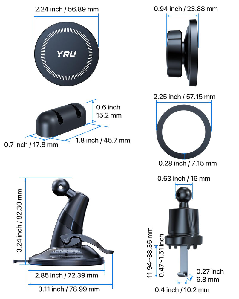 YRU [True Upgraded Military-Grade Phone Holder for Magsafe Car Mount 360° Rotating Vacuum Suction Dashboard, 2800gf Strongest Magnetic Windshield Phone Mount for iPhone 17 Pro Max 16 15 14,Black Black