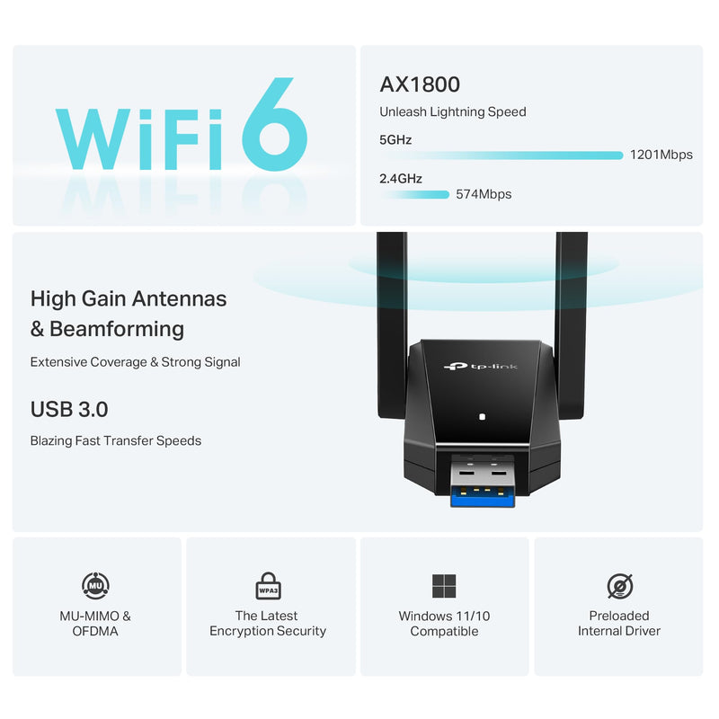 [AUSTRALIA] - TP-Link USB 3.0 WiFi Adapter for Desktop PC (Archer TX30U Plus)-AX1800 WiFi 6 Dual-Band Plug and Play Wireless Network Adapter with 2.4GHz, 5GHz, 2×High Gain Antenna, WPA3, Supports Windows 11/10 AX1800, WiFi 6 