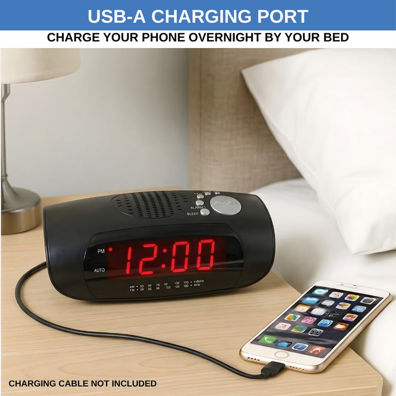 Digital Alarm Clock Radio for Bedroom with AM/FM Radio, USB Charging Port for Phone, Red LED Display, Wake to Radio or Buzzer, Snooze, Sleep Timer, AUX Input, Battery Backup