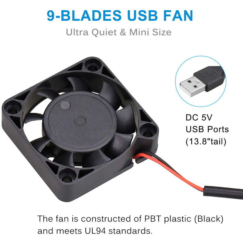 GDSTME 40mm USB Fan for VR Gear, Aquarium, Roku, Router, Raspberry Pi, Cosplay, Helmet Cooling Ventilation 40x40x10mm