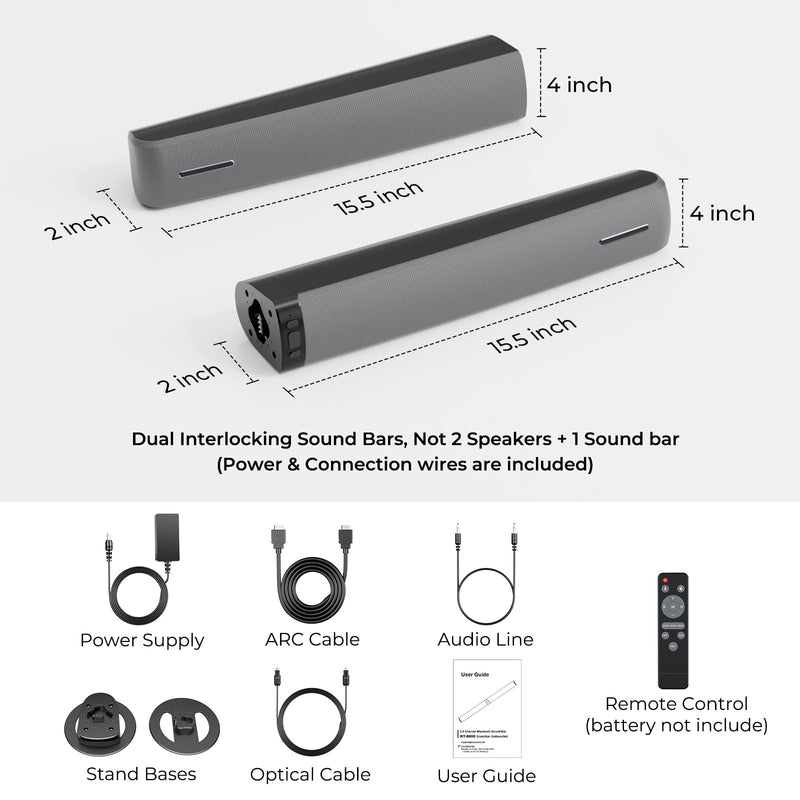 Sound Bar for Smart TV, 90W Soundbar with Bluetooth/ARC/Optical/AUX Connect, Auto Volume Boost, 3 Equalizer Modes, 2 in 1 Detachable Soundbar for TV for TV/PC/Gaming/Projectors